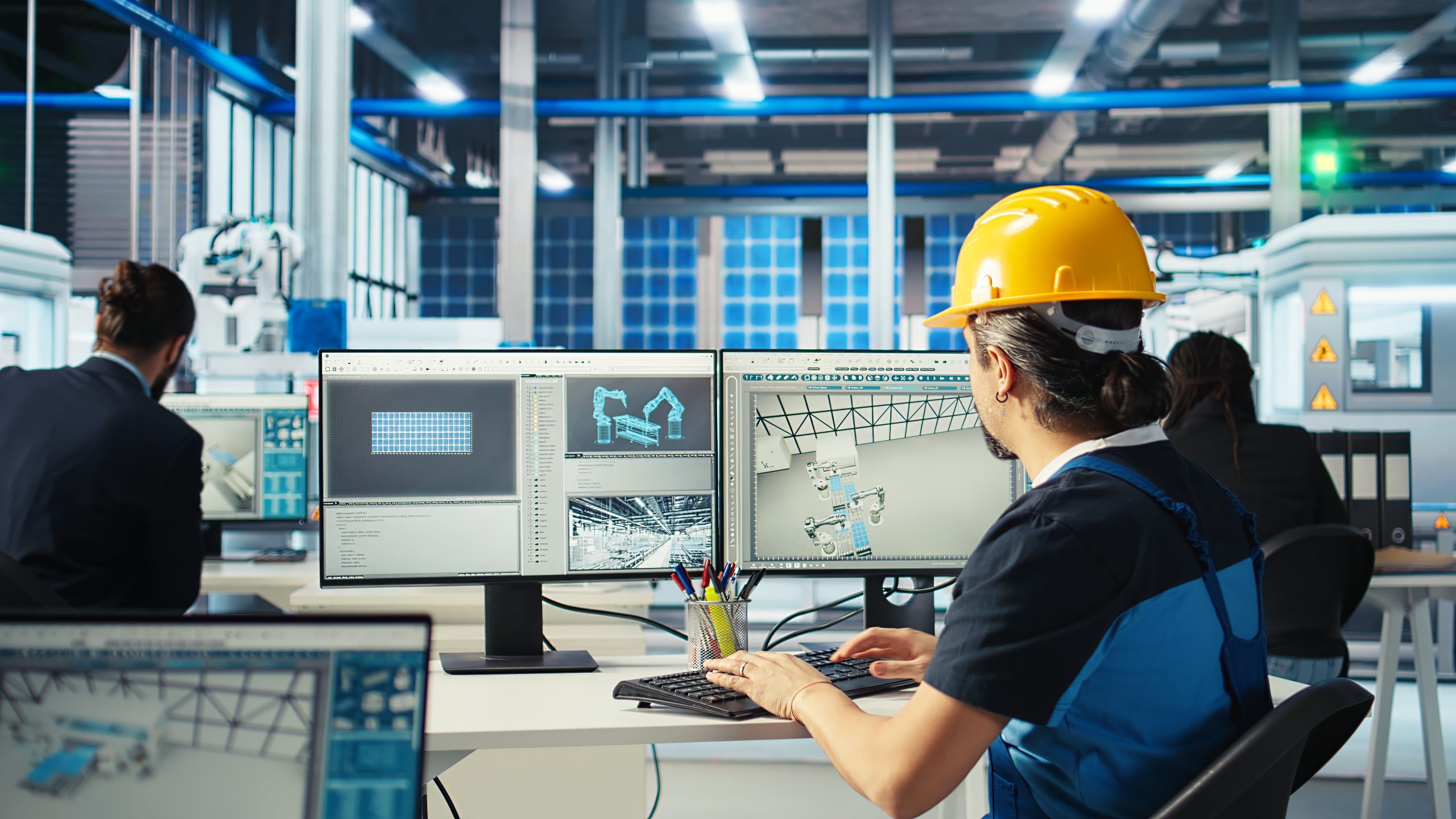 ingeniero de una fabrica fotovoltaica que utiliza una computadora para probar los paneles solares de los brazos del robot scaled